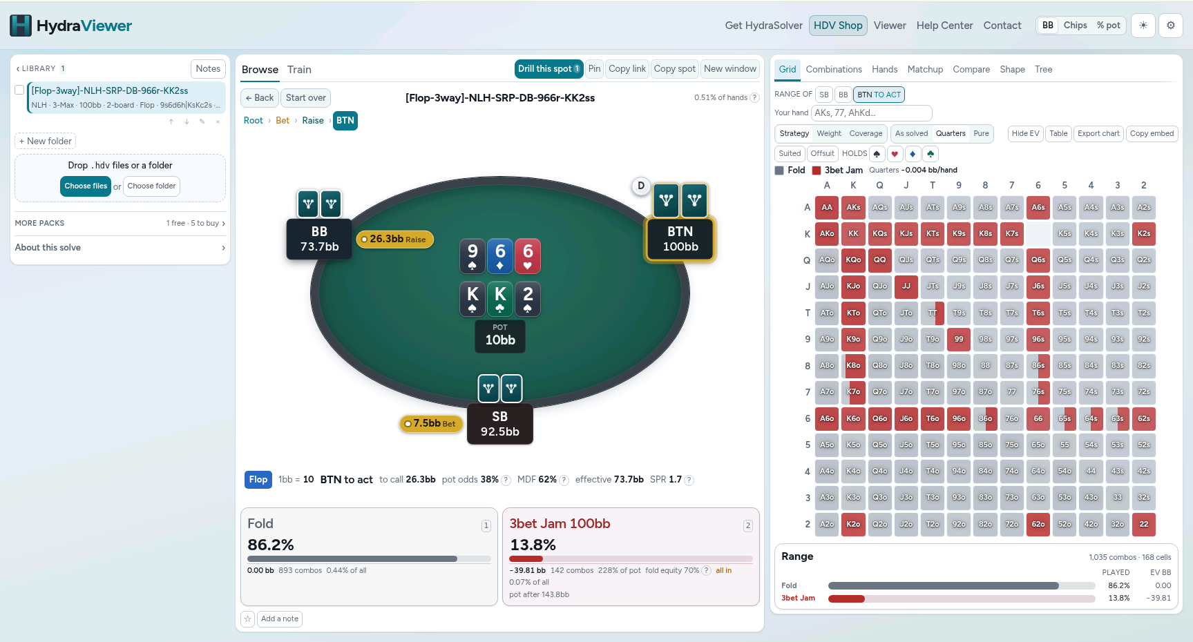 HydraViewer open in a browser tab. The pack library is on the left, a three-handed no-limit Hold’em flop is laid out on a felt table in the middle with each seat’s stack and bet, and a full 13×13 strategy grid on the right shows the button’s fold and 3-bet-jam mix hand by hand, with combo counts and EV underneath.